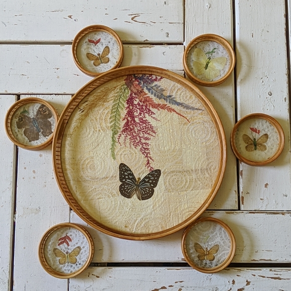 Other - Vintage Pressed Butterfly Tray +6 Coasters Flowers